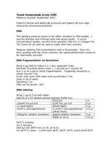 Yeast homemade array CGH Maitreya Dunham September 2007 hybrid of Brown and deRisi lab protocols and Agilent 60-mer oligo microarray processing protocols DNA This labeling protocol seems to be rather sensitive to DNA qua