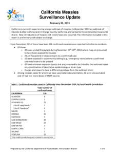 California Measles Surveillance Update February 25, 2015 California is currently experiencing a large outbreak of measles. In December 2014 an outbreak of measles started in Disneyland in Orange County, California, and s