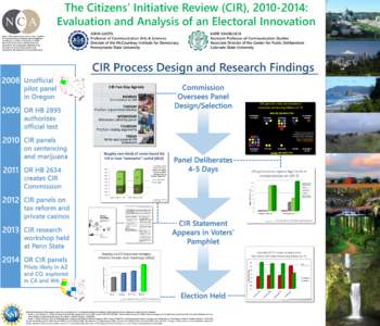 The Citizens’ Initiative Review (CIR), [removed]: Evaluation and Analysis of an Electoral Innovation May 7, 2014, poster presentation at the Coalition for National Science Funding Annual Exhibition and Reception, title