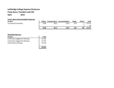 Lethbridge College Expense Disclosure Paula Burns, President and CEO April 2014 Travel, Meal and Accomodation Expenses Purpose