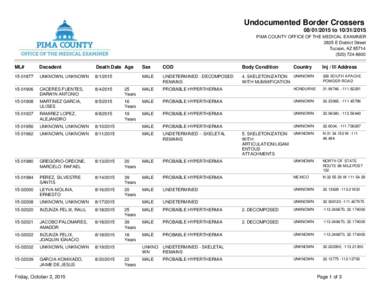 Undocumented Border CrosserstoPIMA COUNTY OFFICE OF THE MEDICAL EXAMINER 2825 E District Street Tucson, AZ8600