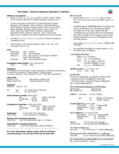 Fact Sheet - Chevron Upstream Business in Thailand Offshore Concessions o Blocks 10, 10A, 11, 11A, 12, 13, B12/27, B8/32, G4/43, G4/48, G7/50 and 9A in the Gulf of Thailand (Acreage 10,508 sq. km.) o