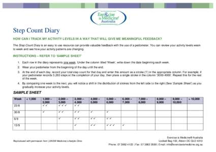 Step Count Diary HOW CAN I TRACK MY ACTIVITY LEVELS IN A WAY THAT WILL GIVE ME MEANINGFUL FEEDBACK? The Step Count Diary is an easy to use resource can provide valuable feedback with the use of a pedometer. You can revie