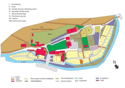 I Anmeldung II Kiosk III Sanitär Pension Wanderquartier IV Gaststätte Flößerstube V Wasserkraftanlage VI Chemientsorgung