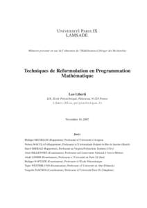 U NIVERSIT E´ PARIS IX LAMSADE M´emoire pr´esent´e en vue de l’obtention de l’Habilitation a` Diriger des Recherches  Techniques de Reformulation en Programmation