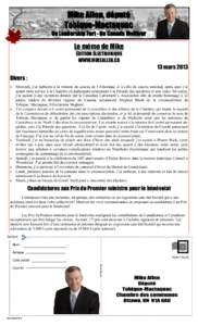 Mike Allen, député Tobique-Mactaquac Un Leadership Fort - Un Canada Meilleur Le mémo de Mike ÉDITION ÉLECTRONIQUE