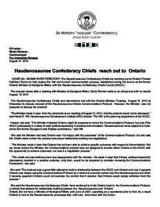 Ori:wase : Media Release : Communiqué: For Immediate Release August 14, 2014