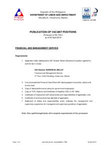 Republic of the Philippines DEPARTMENT OF LABOR AND EMPLOYMENT Muralla St., Intramuros, Manila Certificate No.: AJA15PUBLICATION OF VACANT POSITIONS