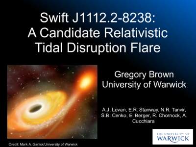 Swift J1112: A Candidate Relativistic Tidal Disruption Flare Gregory Brown University of Warwick A.J. Levan, E.R. Stanway, N.R. Tanvir,