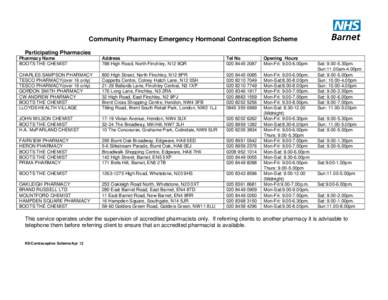 Community Pharmacy Emergency Hormonal Contraception Scheme Participating Pharmacies Pharmacy Name BOOTS THE CHEMIST  Address