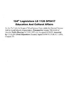 124th Legislature LD 1126 SP0417 Education And Cultural Affairs 