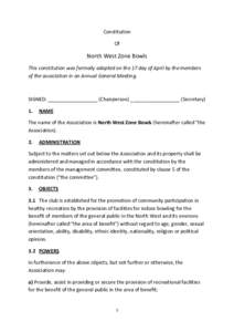 Constitution Of North West Zone Bowls This constitution was formally adopted on the 17 day of April by the members of the association in an Annual General Meeting.