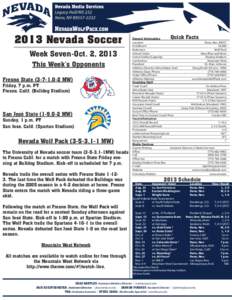 2013 Nevada Soccer Week Seven-Oct. 2, 2013 This Week’s Opponents Fresno State[removed],0-2 MW) Friday, 7 p.m. PT Fresno, Calif. (Bulldog Stadium)