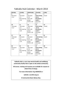 Yakkalla Hub Calendar - March 2014 Monday 3 Hub open 9-12
