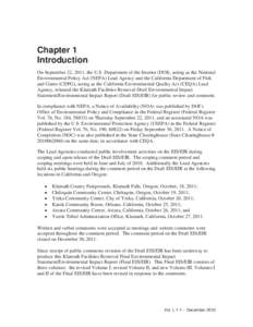 Chapter 1 Introduction On September 22, 2011, the U.S. Department of the Interior (DOI), acting as the National Environmental Policy Act (NEPA) Lead Agency and the California Department of Fish and Game (CDFG), acting as