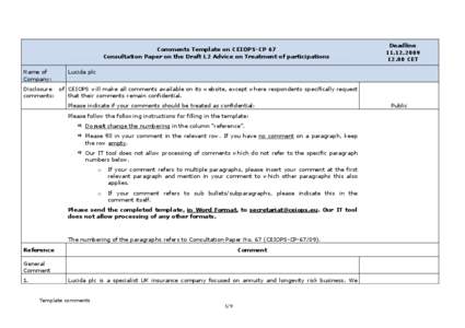 Comments Template on CEIOPS-CP 67 Consultation Paper on the Draft L2 Advice on Treatment of participations Name of Company:  Deadline