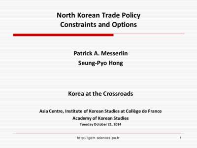 North Korean Trade Policy Constraints and Options Patrick A. Messerlin Seung-Pyo Hong