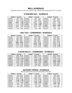 BELL SCHEDULE (Students who arrive early are to report to the cafeteria and remain there until 7:35 A.M.) STANDARD DAY - SCHEDULE Grade 6 – A Lunch Period 1