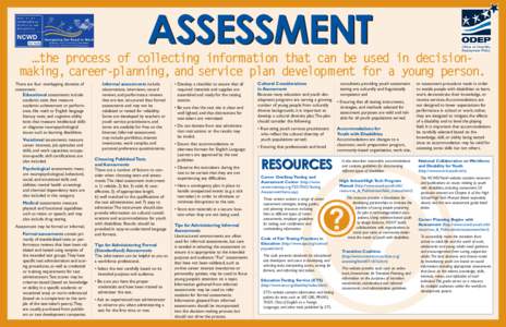 ASSESSMENT  …the process of collecting information that can be used in decisionmaking, career-planning, and service plan development for a young person. There are four overlapping domains of assessment: Educational ass
