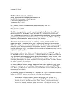 February 24, 2014  The Honorable Ken Calvert, Chairman House Appropriations Committee Subcommittee on Interior, Environment and Related Agencies U.S. House of Representatives