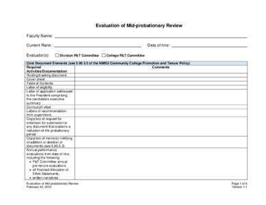 Evaluation of Mid-probationary Review Faculty Name: Current Rank: Evaluator(s):  Date of hire: