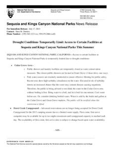 National Park Service U.S. Department of the Interior Sequoia and Kings Canyon National Parks