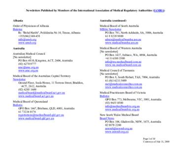 Newsletters Published by Members of the International Association of Medical Regulatory Authorities (IAMRA)  Albania Australia (continued)