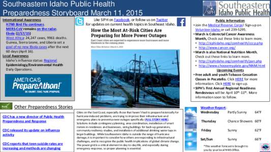 Southeastern Idaho Public Health Preparedness Storyboard March 11, 2015 International Awareness H7N9 Bird Flu continues. MERS-CoV remains on the radar. Ebola)