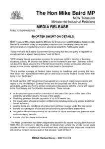 The Hon Mike Baird MP NSW Treasurer Minister for Industrial Relations MEDIA RELEASE Friday 21 September 2012