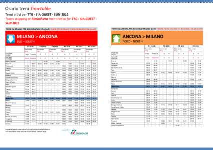 Orario treni Timetable Treni attivi per TTG - SIA GUEST - SUN 2015 Trains stopping at RiminiFiera train station for TTG - SIA GUEST SUN 2015 TRENI DA MILANO PER BOLOGNA/ANCONA (sud) TRAINS FROM MILAN TO BOLOGNA/ANCONA (s