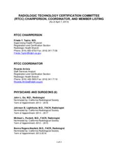 RADIOLOGIC TECHNOLOGY CERTIFICATION COMMITTEE (RTCC) CHAIRPERSON, COORDINATOR, AND MEMBER LISTING (As of April 7, 2014) RTCC CHAIRPERSON Frieda Y. Taylor, M.S.