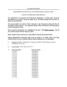 ILLINOIS REGISTER DEPARTMENT OF FINANCIAL AND PROFESSIONAL REGULATION NOTICE OF PROPOSED AMENDMENTS The Department of Financial and Professional Regulation is posting these proposed amendments in an effort to make the pu