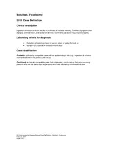 Botulism, Foodborne 2011 Case Definition Clinical description Ingestion of botulinum toxin results in an illness of variable severity. Common symptoms are diplopia, blurred vision, and bulbar weakness. Symmetric paralysi