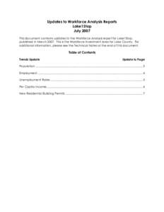 Updates to Workforce Analysis Reports Lake1Stop July 2007 This document contains updates to the Workforce Analysis report for Lake1Stop, published in March[removed]This is the Workforce Investment Area for Lake County. For