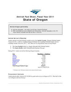 Amtrak Fact Sheet, Fiscal Year[removed]State of Oregon