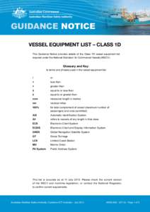 GUIDANCE NOTICE VESSEL EQUIPMENT LIST – CLASS 1D This Guidance Notice provides details of the Class 1D vessel equipment list required under the National Standard for Commercial Vessels (NSCV).  Glossary and Key: