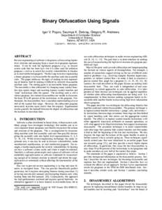 Binary Obfuscation Using Signals  ∗ Igor V. Popov, Saumya K. Debray, Gregory R. Andrews Department of Computer Science