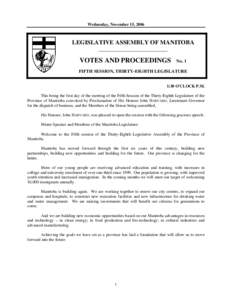 Wednesday, November 15, 2006  LEGISLATIVE ASSEMBLY OF MANITOBA __________________________  VOTES AND PROCEEDINGS