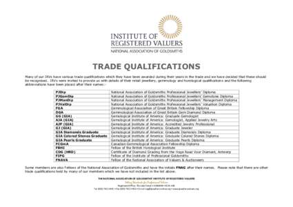 TRADE QUALIFICATIONS Many of our IRVs have various trade qualifications which they have been awarded during their years in the trade and we have decided that these should be recognised. IRVs were invited to provide us wi