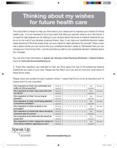 Thinking about my wishes for future health care This document is meant to help you think about your values and to express your wishes for future health care. It is not intended to be a document that tells your doctors wh