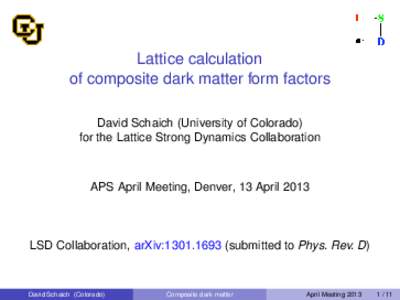 Lattice calculation of composite dark matter form factors David Schaich (University of Colorado) for the Lattice Strong Dynamics Collaboration  APS April Meeting, Denver, 13 April 2013