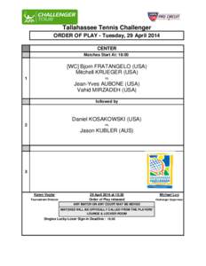 Tallahassee Tennis Challenger ORDER OF PLAY - Tuesday, 29 April 2014 CENTER Matches Start At: 18:00  [WC] Bjorn FRATANGELO (USA)