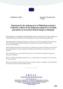 EUROPEAN UNION  Brussels, 27 December 2011 A[removed]Statement by the spokesperson of High Representative