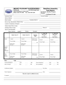 MOUNT PLEASANT WATERWORKS PO Box 330 Backflow Assembly Test Report