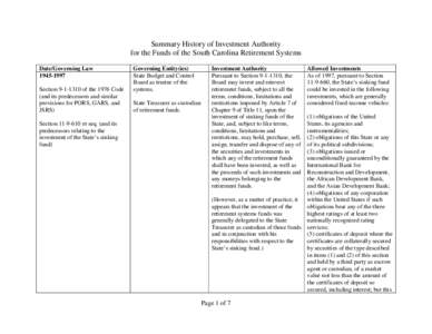 Summary History of Investment Authority for the Funds of the South Carolina Retirement Systems Date/Governing Law[removed]Section[removed]of the 1976 Code (and its predecessors and similar