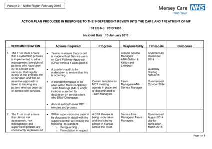 Version 2 – Niche Report February[removed]ACTION PLAN PRODUCED IN RESPONSE TO THE INDEPENDENT REVIEW INTO THE CARE AND TREATMENT OF MF STEIS No: [removed]Incident Date: 10 January 2013