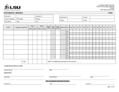 Louisiana State University Office of Accounting Services Payroll 204 Thomas Boyd Hall SUPPLEMENTAL TIMESHEET