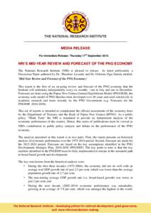 THE NATIONAL RESEARCH INSTITUTE ________________________________________________________ MEDIA RELEASE For immediate Release: Thursday 17th September 2015