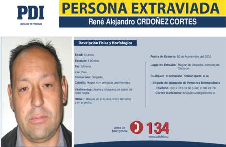 René Alejandro ORDOÑEZ CORTES  Edad: 43 años. Fecha de Extravío: 02 de Noviembre del 2008.