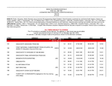 ***************************************************************************************************************************************************************************************** NASA TELEVISION SCHEDULE STS-131 /